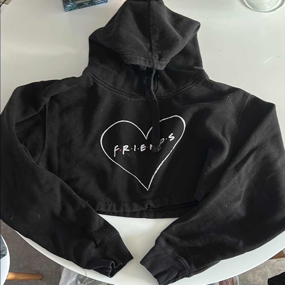 Black Cropped Hoodie with Heart Design